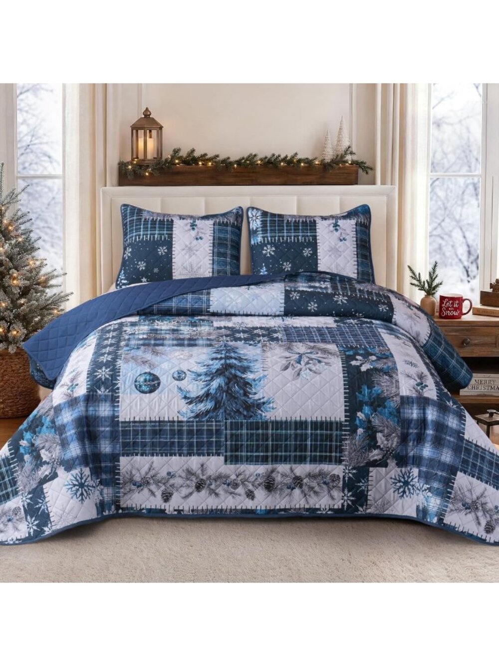 King Size 3-Piece Christmas Quilt Set - Reversible Holiday Bedding with Pillow